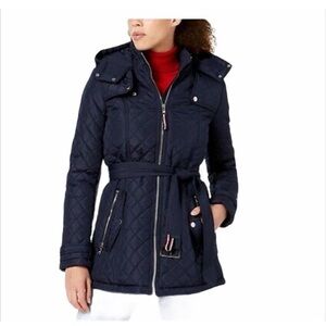 Tommy Hilfiger Women's Belted Quilted Jacket in Navy Blue Size Small
